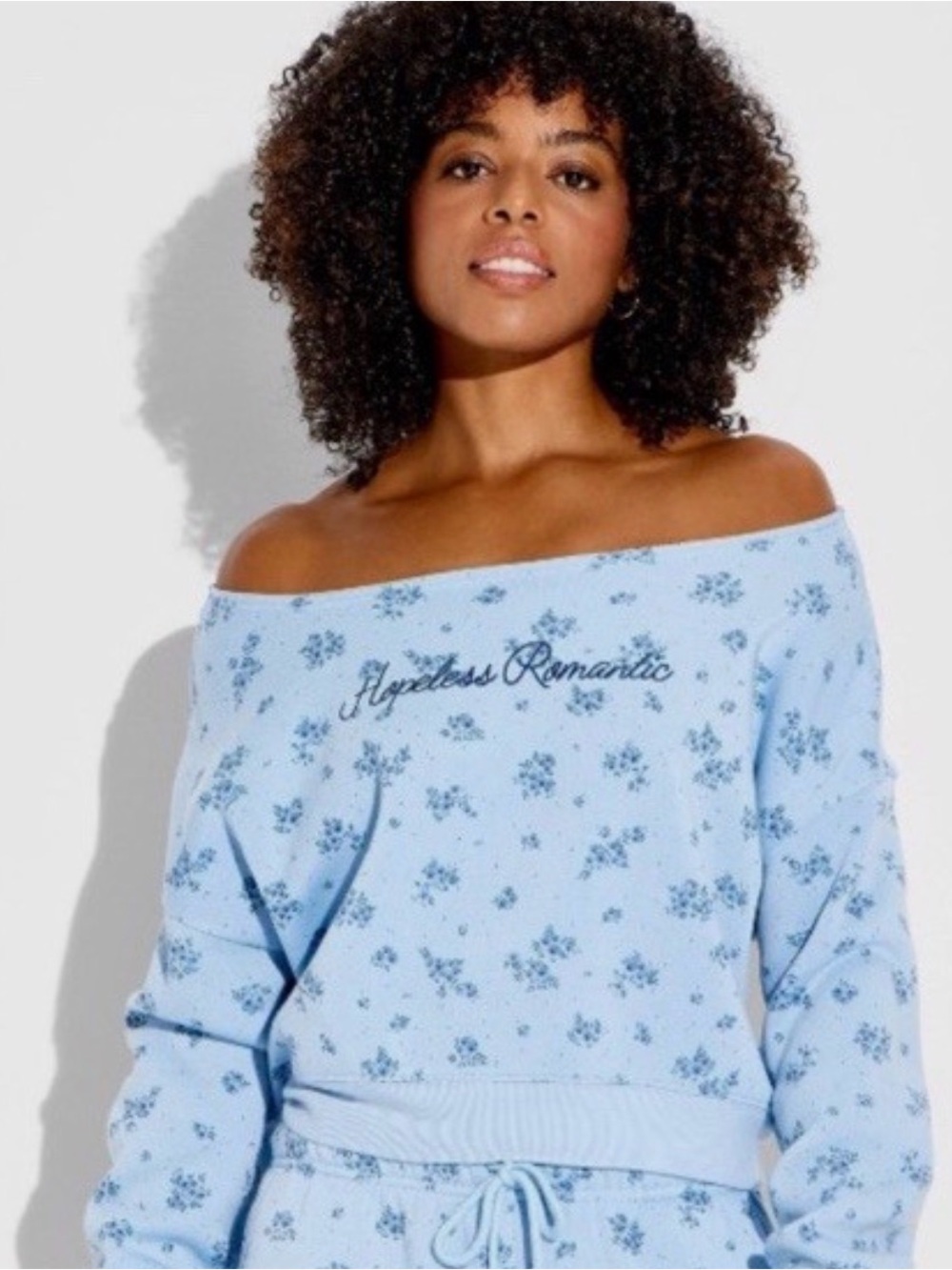 Off-Shoulder Light Blue Floral Sweater - 'Hopeless Romantic'